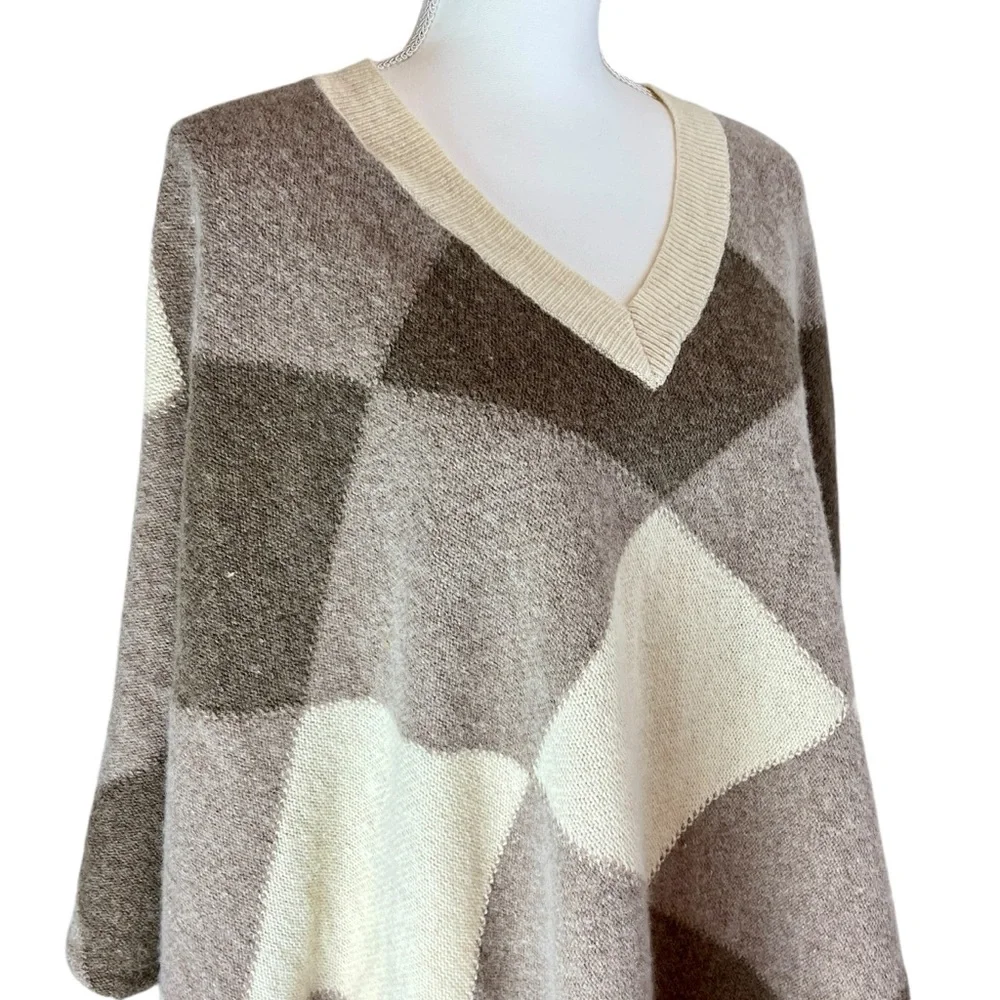 BOSTON PROPER Tan Cream Patchwork Poncho One Sz Lambswool Fall Pullover‎ Casual